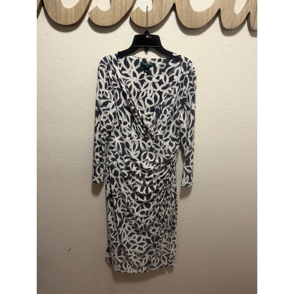 Lauren Ralph Lauren Navy White Abstract Print Ruched Surplice Sheath Dress 8